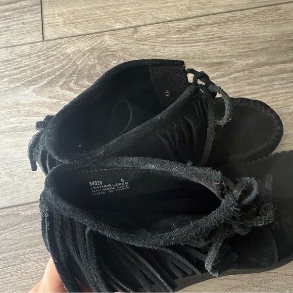Minnetonka Black Lace-Up Fringe Wedge Booties - Picture 14 of 15